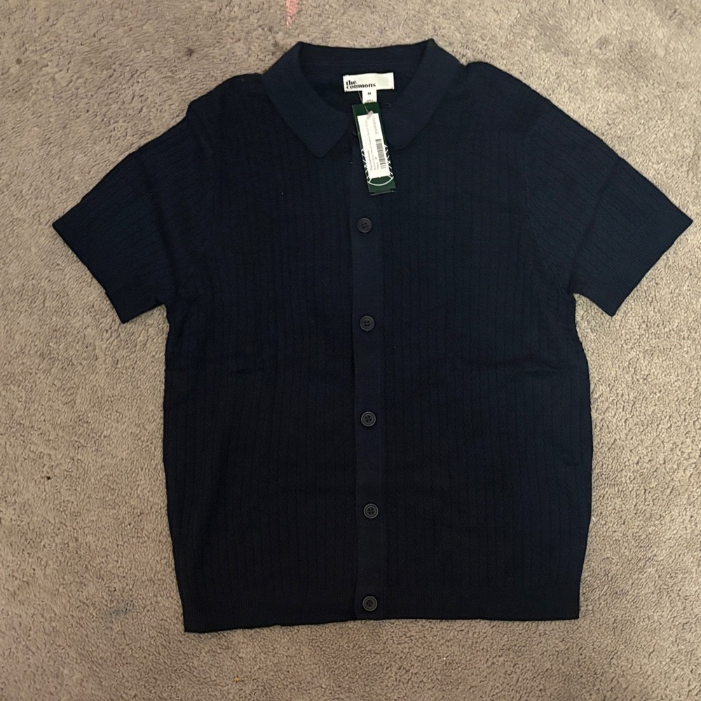 The Commons Ribbed Short Sleeve Sweater Button Down Navy